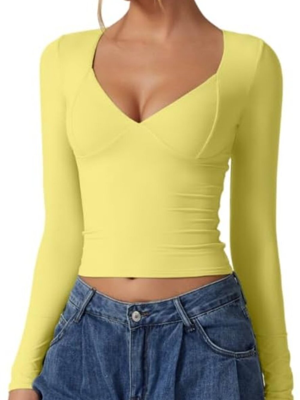 〽️Women's Yellow V Neck Long Sleeve Double Lined Seamed Cup Crop Top XSXL Tee